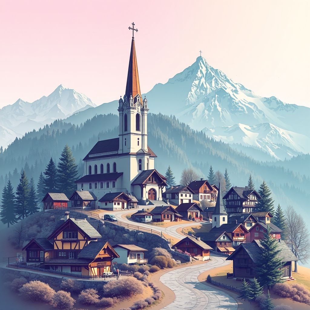 Ultra-high-definition gradient illustration of Arriach, Austria, featuring the Church of St. Mary Magdalene, alpine landscapes, traditional houses, folk costumes, and Carinthian noodles.
