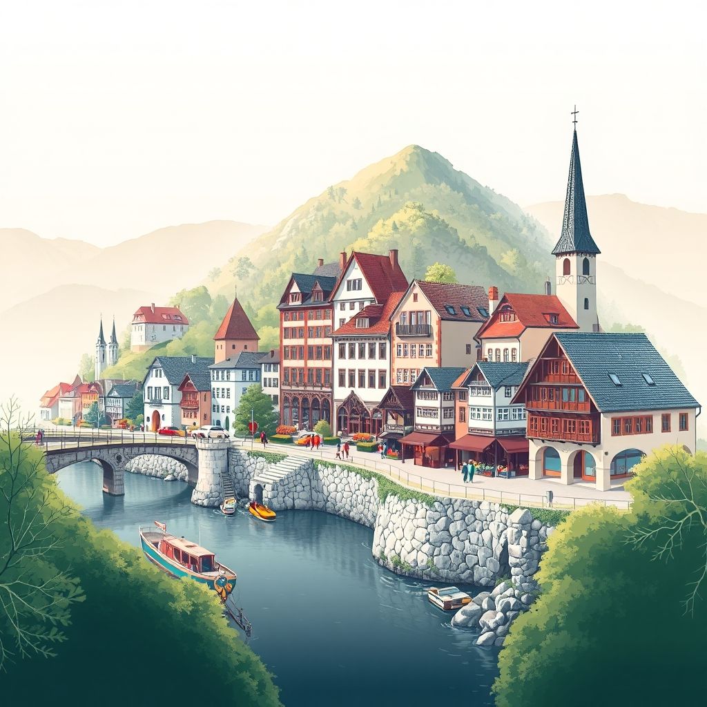Ultra-high-definition gradient illustration of Purgstall an der Erlauf, featuring the Erlauf River, historic town center, and apricot dumplings.