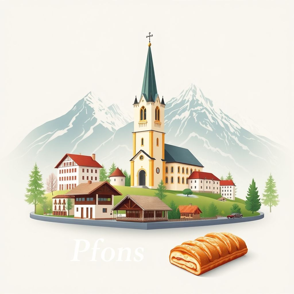 Ultra-high-definition gradient illustration of Pfons, featuring the Pfons Church, Alpine landscapes, and apple strudel.