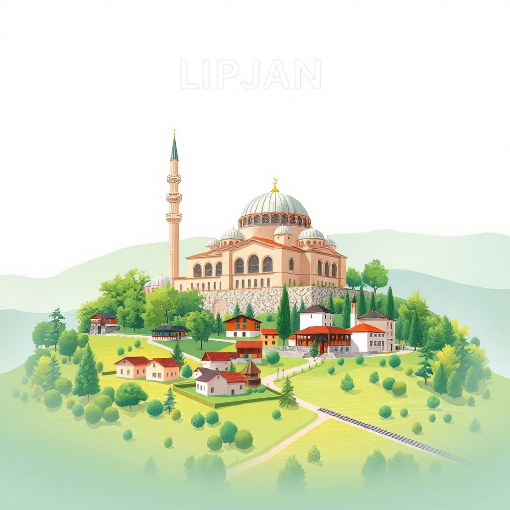 Ultra-high-definition gradient illustration style Lipjan illustration, showing the unique charm of the Lipjan Mosque, traditional Albanian houses, and the lush countryside.