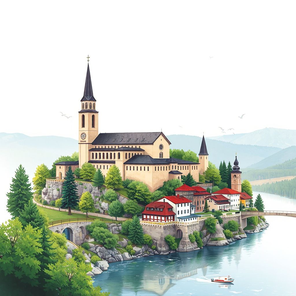 Ultra-high-definition gradient illustration style Opstina Blace illustration, showing the unique charm of the Blace Monastery and the Toplica River.