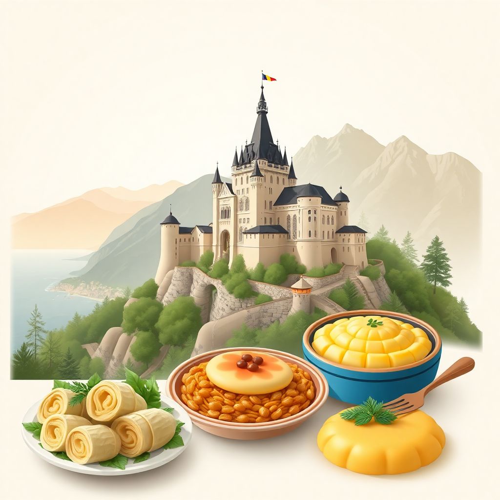Ultra-high-definition gradient illustration style Romanian illustration, featuring Bran Castle and the Carpathian Mountains