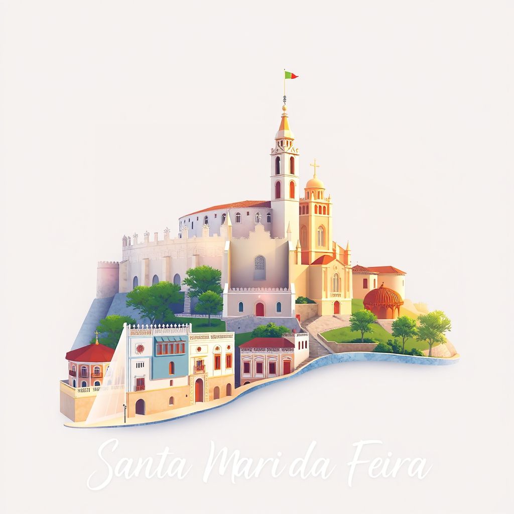 Ultra-high-definition gradient illustration style Santa Maria da Feira illustration, showing the unique charm of the Castle of Santa Maria da Feira, the Church of Santa Maria, and pastel de nata.
