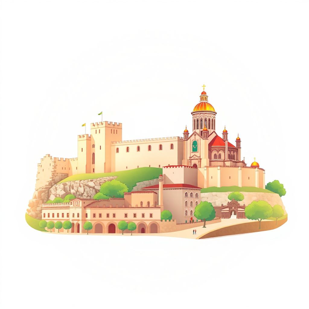 Ultra-high-definition gradient illustration of Beja, featuring the Beja Castle and Beja Cathedral.