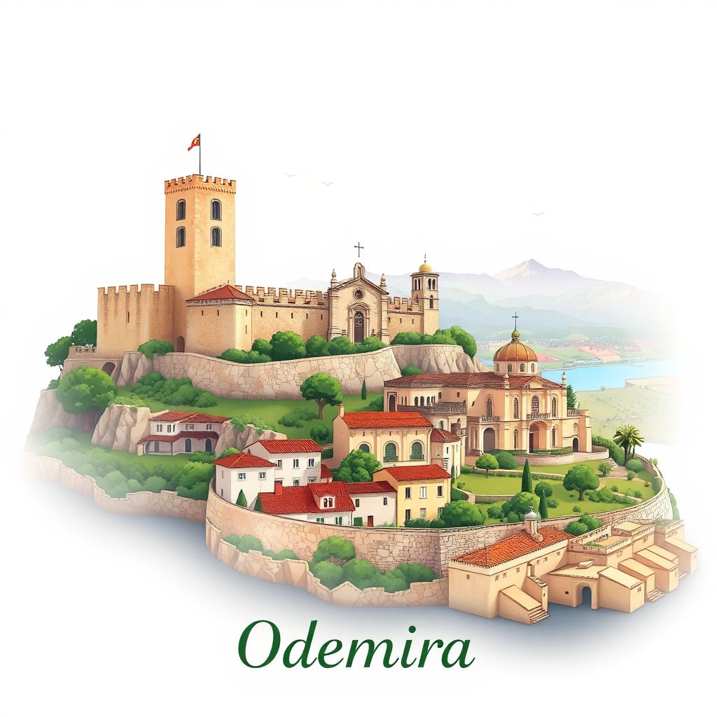 Ultra-high-definition gradient illustration style Odemira illustration, showing the unique charm of the Castle of Odemira, the Church of Nossa Senhora da Conceição, and the Southwest Alentejo and Vicentine Coast Natural Park.