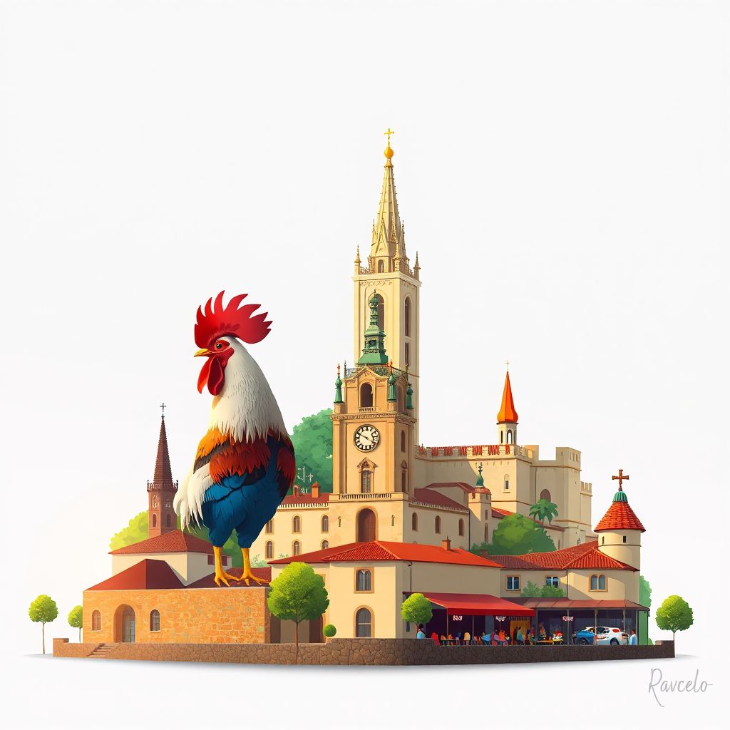 Ultra-high-definition gradient illustration style Barcelos illustration, showing the unique charm of the Barcelos Rooster, the Church of Santa Maria Maior, Barcelos Castle.