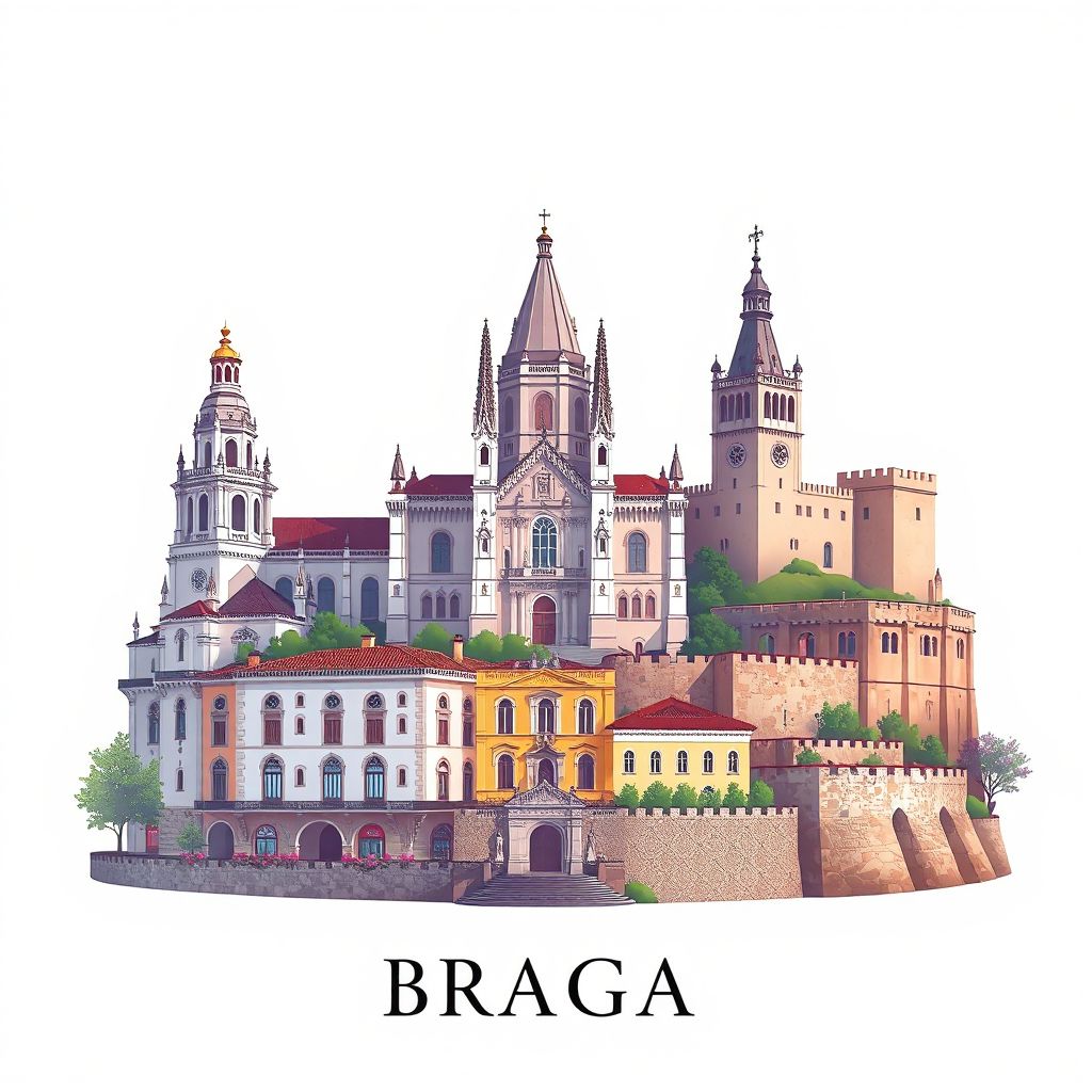 Ultra-high-definition gradient illustration of Braga, featuring the Bom Jesus do Monte Sanctuary, the Braga Cathedral, and the Castle of Braga.