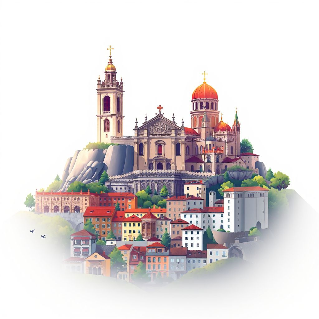 Ultra-high-definition gradient illustration style Cabeceiras de Basto illustration, showing the unique charm of the Sanctuary of Nossa Senhora da Graça and the historic center of Cabeceiras de Basto.