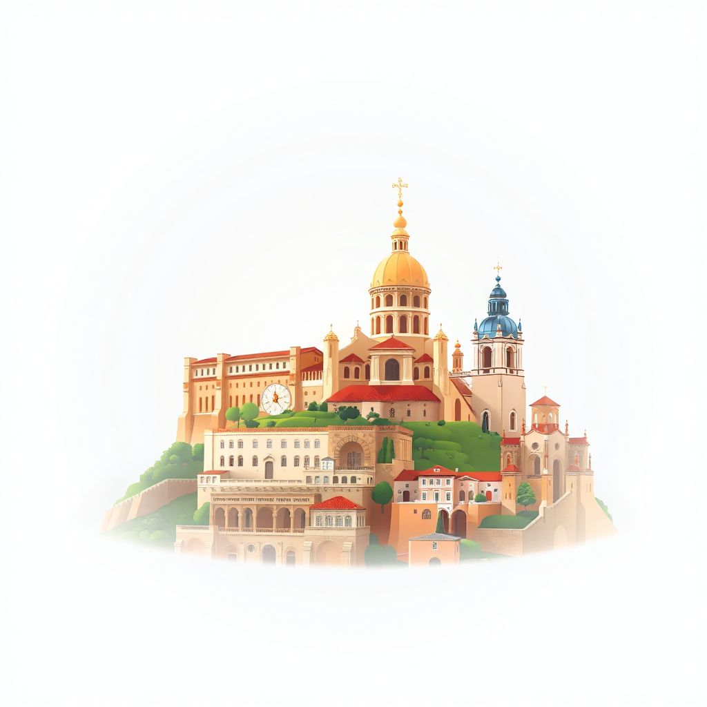 Ultra-high-definition gradient illustration style Fafe illustration, showing the unique charm of the Sanctuary of Our Lady of Sameiro, the Braga Cathedral, and the Bom Jesus do Monte.