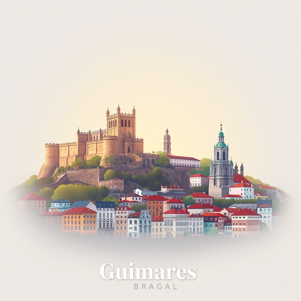Ultra-high-definition gradient illustration style Guimaraes illustration, showing the unique charm of the Guimaraes Castle, the Church of Nossa Senhora da Oliveira, and the historic center of Guimaraes.