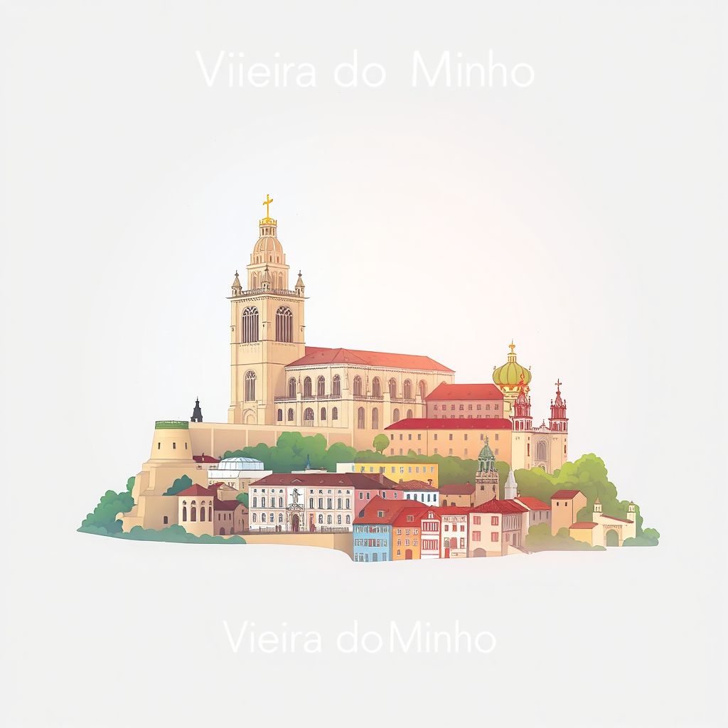 Ultra-high-definition gradient illustration style Vieira do Minho illustration, showing the unique charm of the Mosteiro de Santa Maria de Vila Boa and the historic center of Braga.