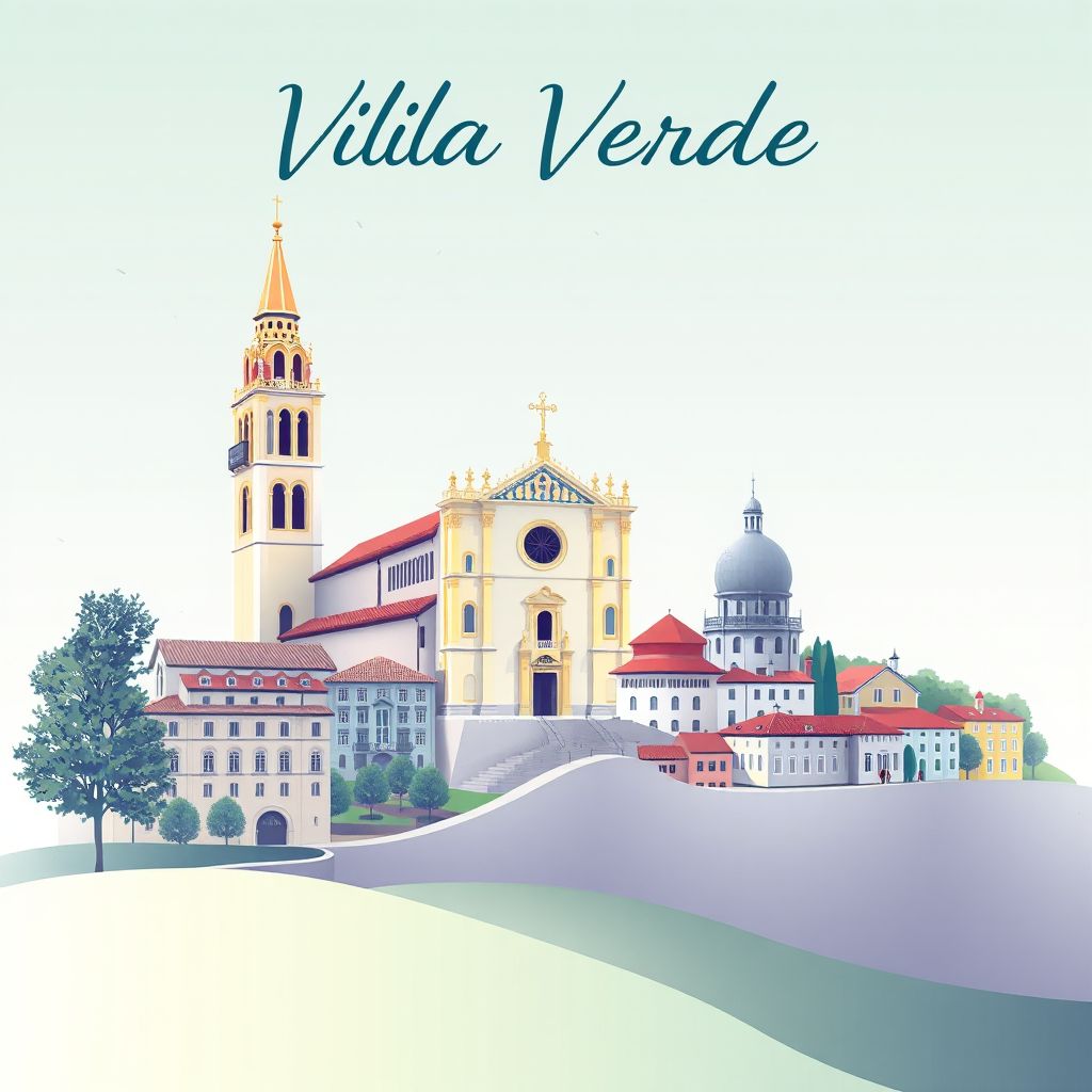 Ultra-high-definition gradient illustration style Vila Verde illustration, showing the unique charm of the Church of São Martinho and the historic center of Vila Verde.