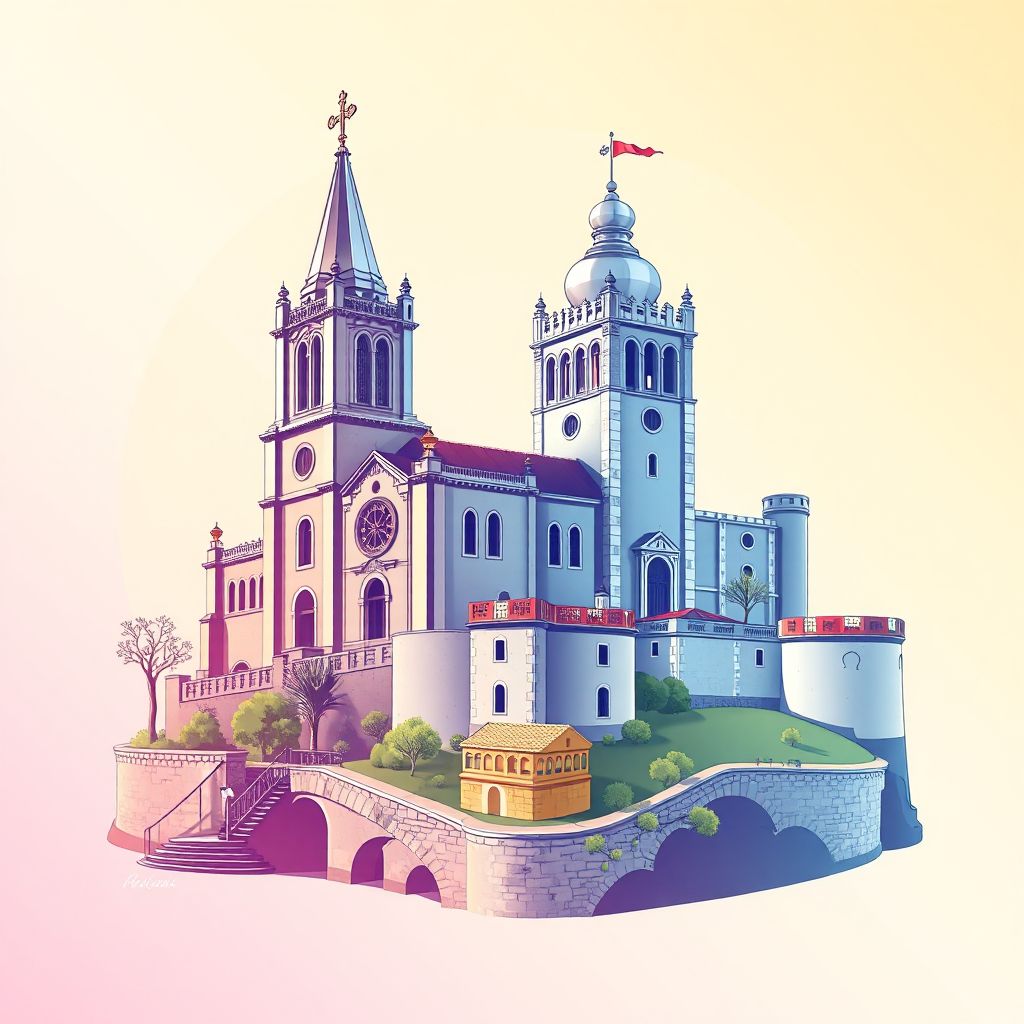 Ultra-high-definition gradient illustration style Macedo de Cavaleiros illustration, showing the unique charm of the Church of Santa Maria do Castelo, the Castle of Macedo de Cavaleiros, and pastel de nata.