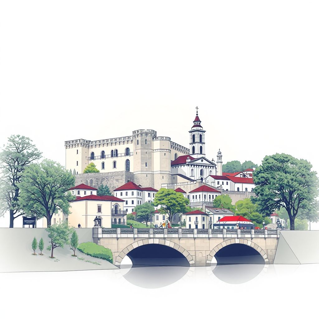 Ultra-high-definition gradient illustration style Mirandela illustration, showing the unique charm of the Mirandela Castle, the Church of Santa Maria, and the Mirandela Bridge.