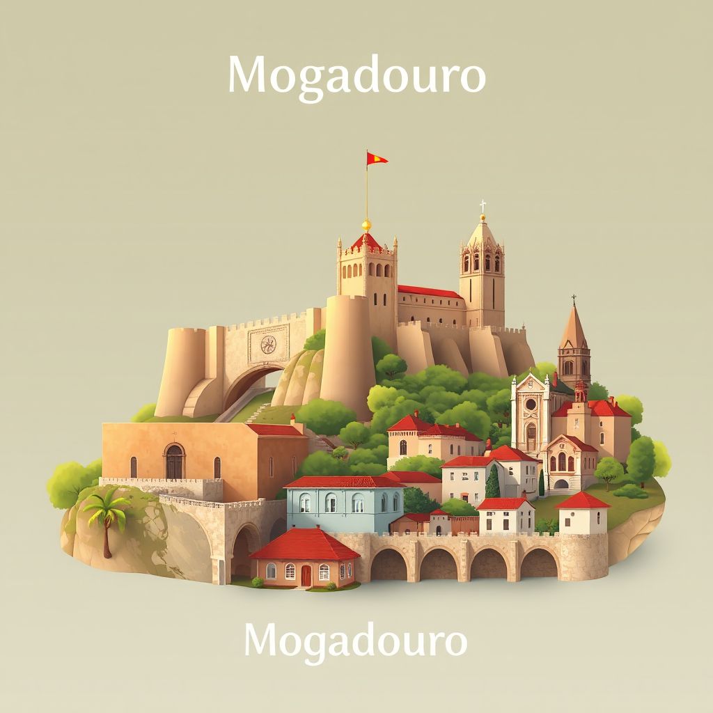 Ultra-high-definition gradient illustration style Mogadouro illustration, showing the unique charm of the Castle of Mogadouro, the Church of Santa Maria, and Bacalhau à Bras.