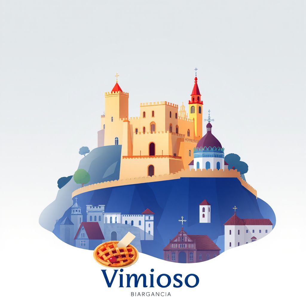 Ultra-high-definition gradient illustration style Vimioso illustration, showing the unique charm of the Castle of Vimioso, the Church of Nossa Senhora da Graça, and traditional Portuguese cuisine.