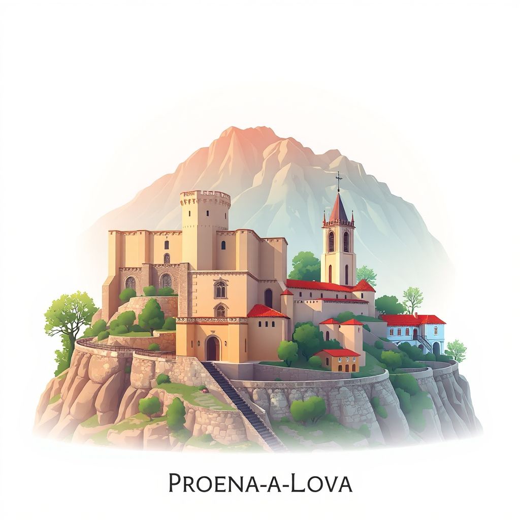 Ultra-high-definition gradient illustration of Proenca-A-Nova, featuring the Castle of Proenca-A-Nova, the Church of Nossa Senhora da Graça, and the Serra da Gardunha mountain range.