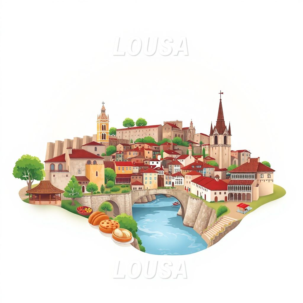 Ultra-high-definition gradient illustration style Lousa illustration, showing the unique charm of the Lousa Geopark and the historic village of Lousa.