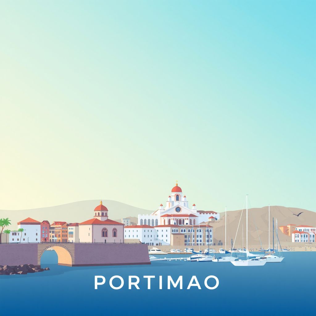 Ultra-high-definition gradient illustration style Portimao illustration, showing the unique charm of the Portimao Roman Bridge, the Church of Nossa Senhora do Rosário, and the Portimao Marina.