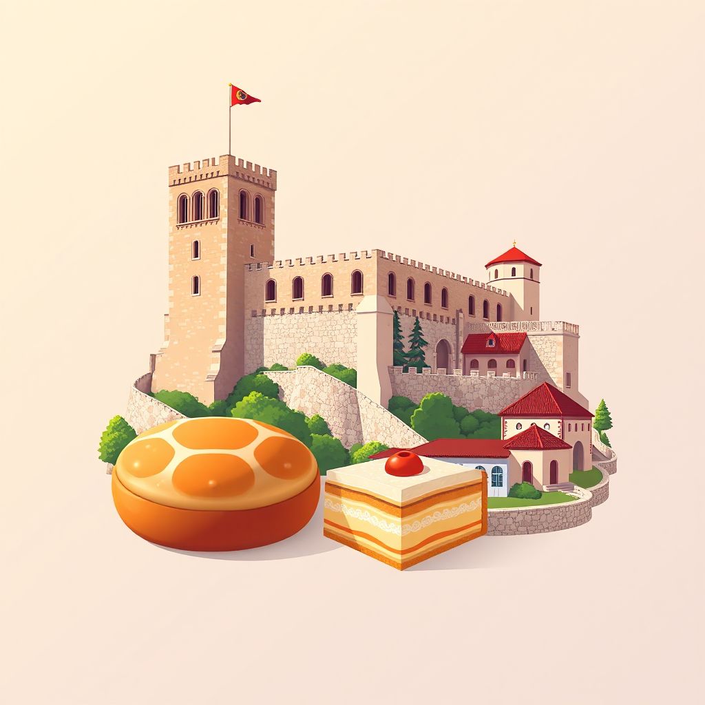 Ultra-high-definition gradient illustration style Aguiar da Beira illustration, showing the unique charm of the Castle of Aguiar da Beira and traditional Portuguese pastel de nata.