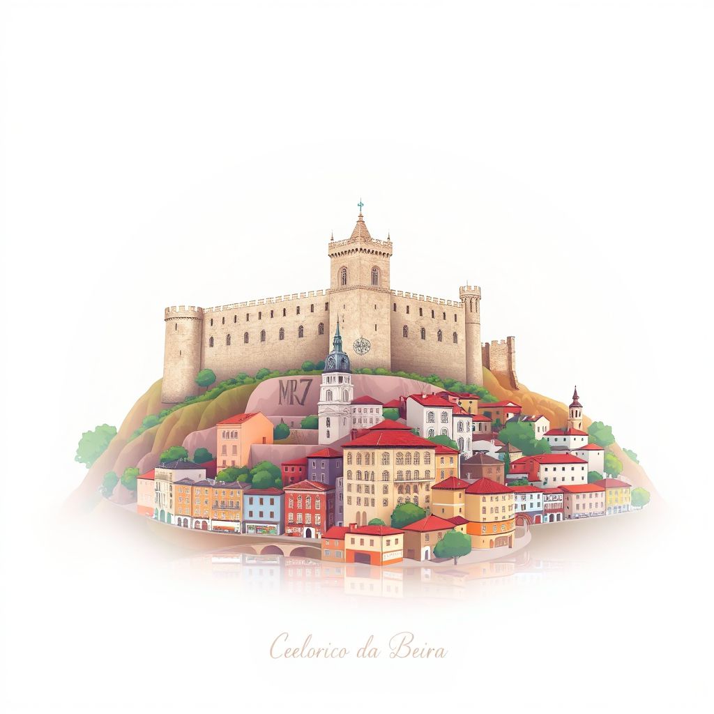 Ultra-high-definition gradient illustration style Celorico da Beira illustration, showing the unique charm of the Castle of Celorico da Beira and the historic center.