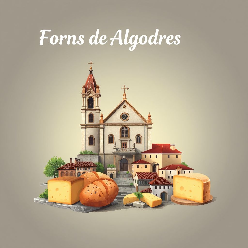 Ultra-high-definition gradient illustration style Fornos de Algodres illustration, showing the unique charm of the Church of Nossa Senhora da Conceição and the historic center.