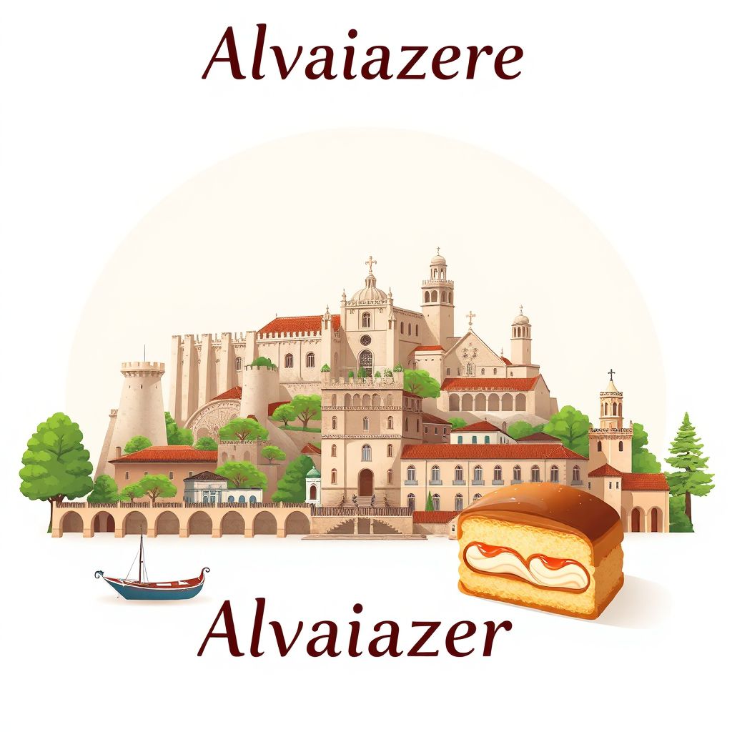 Ultra-high-definition gradient illustration style Alvaiazere illustration, showing the unique charm of the Castle of Leiria, the Monastery of Batalha, and pastel de nata.