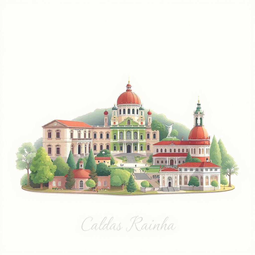 Ultra-high-definition gradient illustration style Caldas da Rainha illustration, showing the unique charm of the Parque Dom Carlos I, the Rainha Dona Leonor Museum, and the Caldas da Rainha Thermal Hospital.