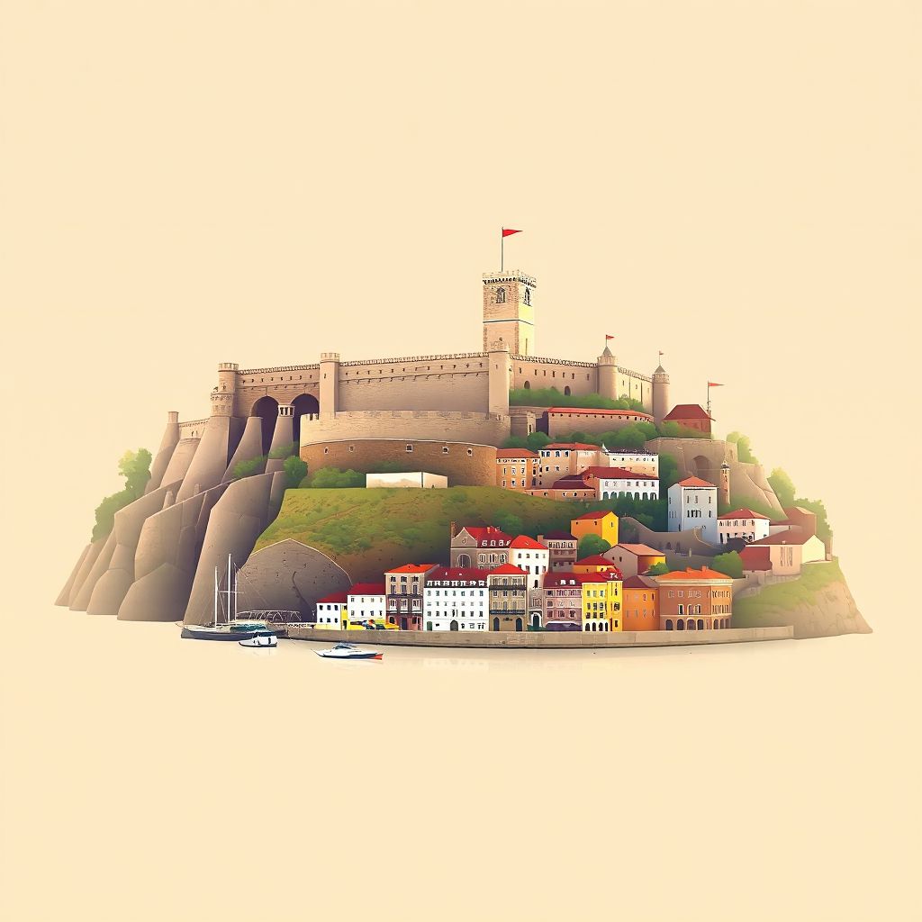 Ultra-high-definition gradient illustration style Porto de Mos illustration, showing the unique charm of the Castle of Leiria and the historic center of Leiria.