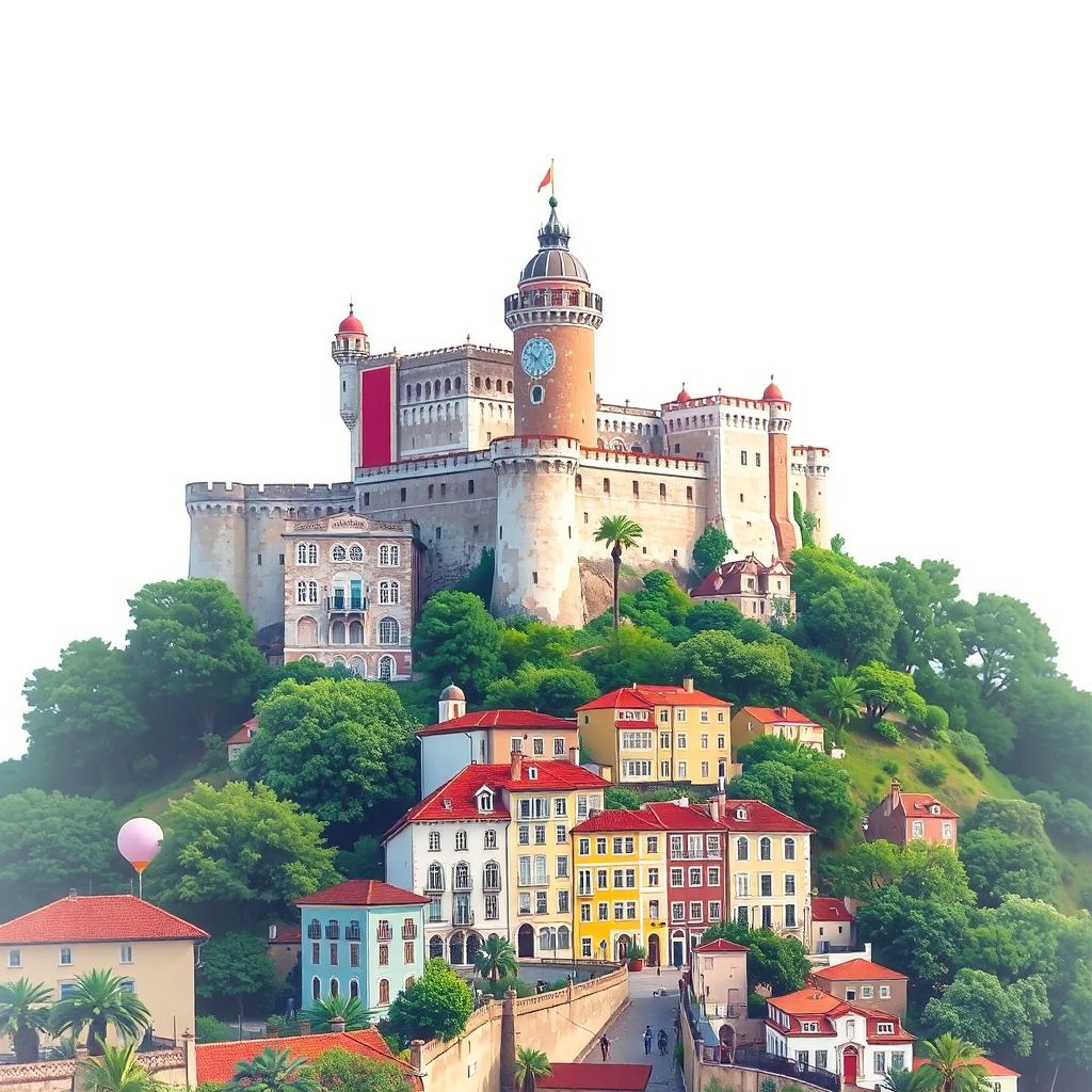 Ultra-high-definition gradient illustration style Sintra illustration, showing the unique charm of the Pena Palace, the Castle of the Moors, and the colorful streets of Sintra.