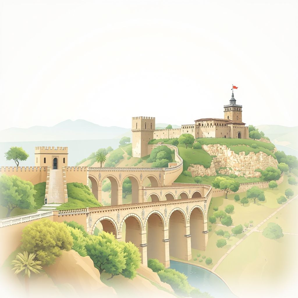 Ultra-high-definition gradient illustration style Elvas illustration, showing the unique charm of the Fortifications of Elvas, the Amoreira Aqueduct, and the Castle of Elvas.