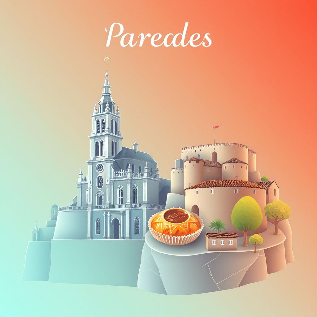 Ultra-high-definition gradient illustration style Paredes illustration, showing the unique charm of the Church of São Martinho de Paredes, the Paredes Castle, and Pastel de Chaves.