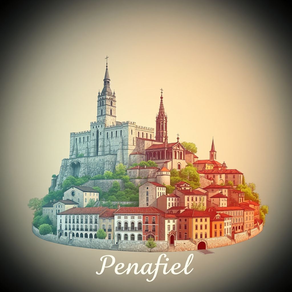 Ultra-high-definition gradient illustration style Penafiel illustration, showing the unique charm of the Castle of Penafiel, the Church of São Martinho de Tibães, and the historic center of Penafiel.