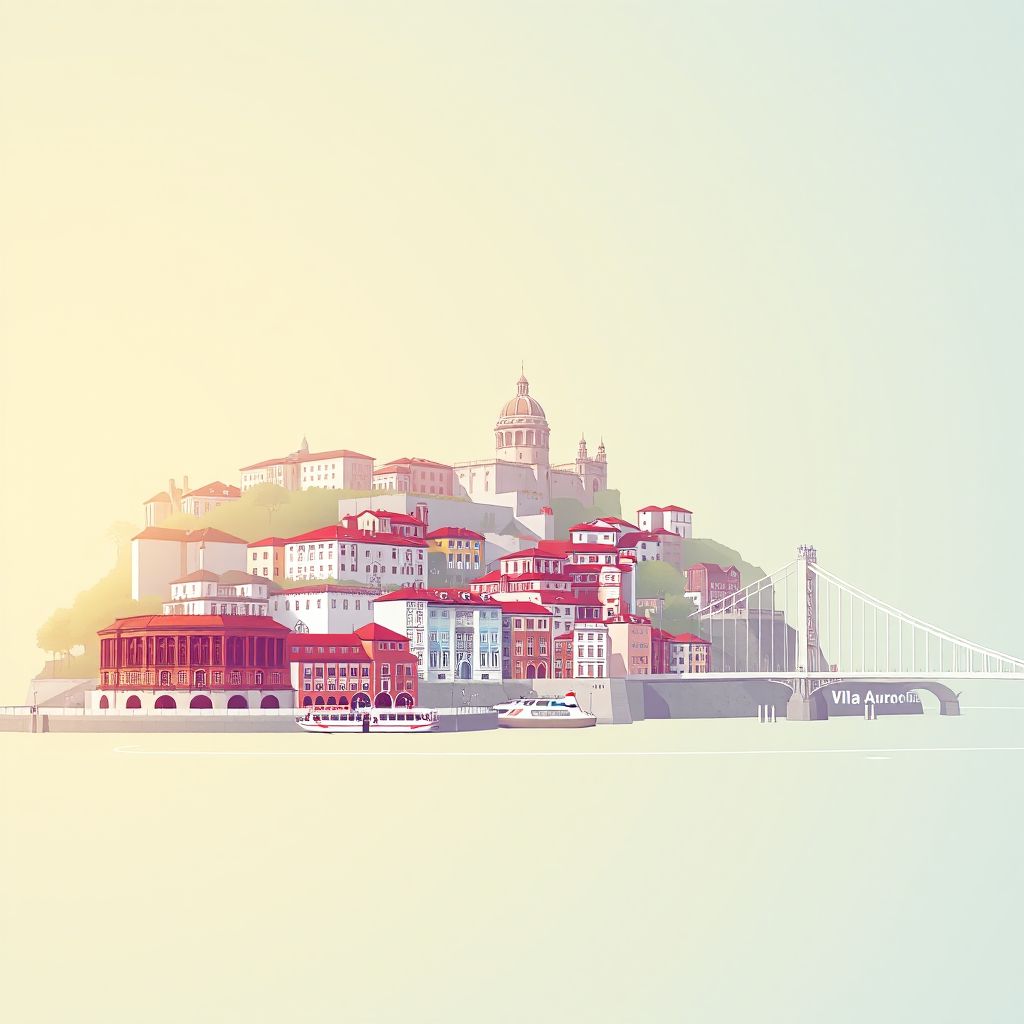 Ultra-high-definition gradient illustration of Vila Nova de Gaia, featuring the Port Wine Cellars and the Dom Luís I Bridge.