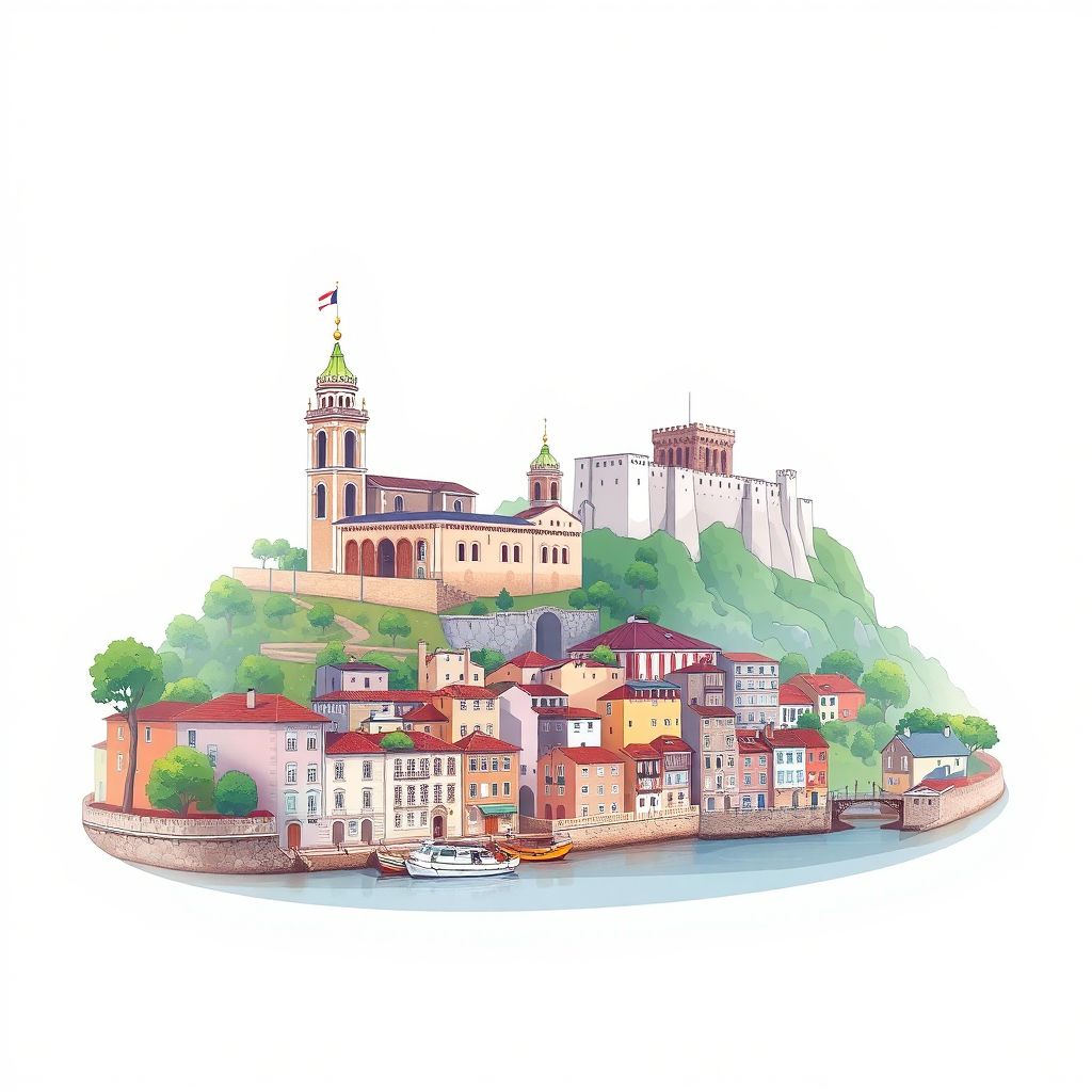Ultra-high-definition gradient illustration style Viana do Castelo illustration, showing the unique charm of the Santa Luzia Monastery, the Viana do Castelo Castle, and the Lima River.