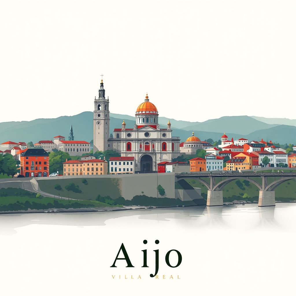 Ultra-high-definition gradient illustration of Alijo, Vila Real, Portugal, featuring the Church of Santa Maria and the Douro River.