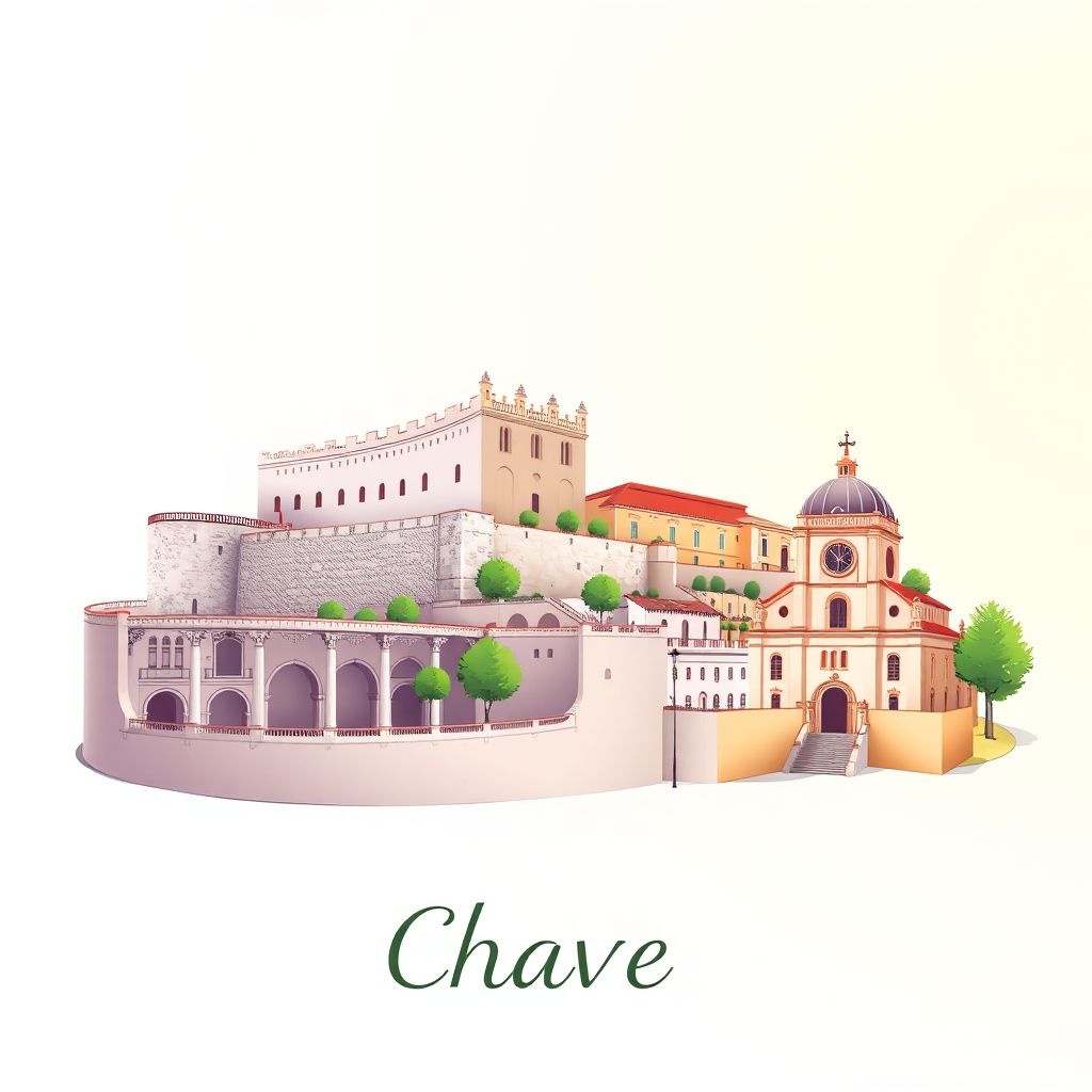 Ultra-high-definition gradient illustration style Chaves illustration, showing the unique charm of the Roman Baths, the Castle of Chaves, and the Church of Santa Maria Maior.