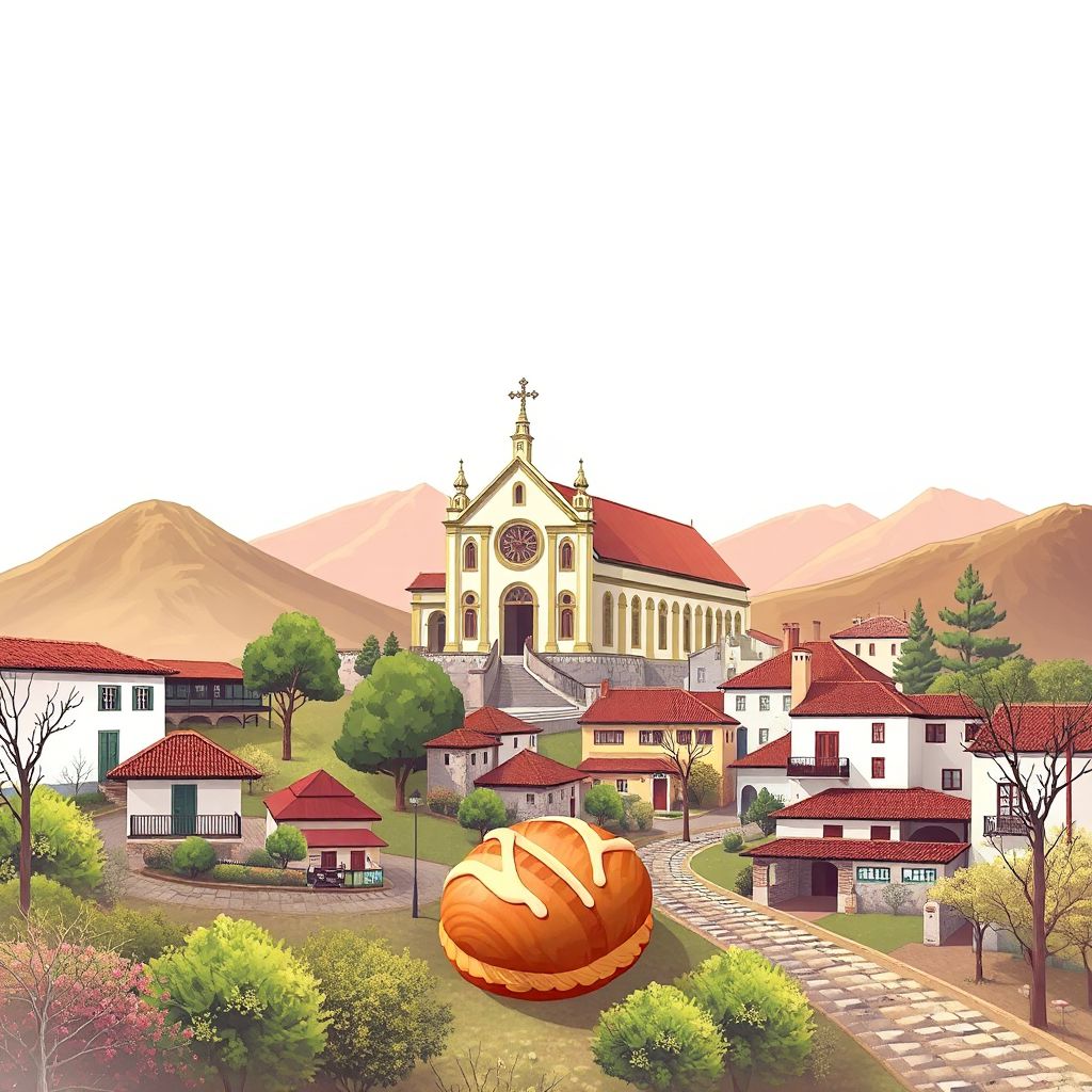 Ultra-high-definition gradient illustration style Mondim de Basto illustration, showing the unique charm of the Church of São Martinho and Serra do Larouco.