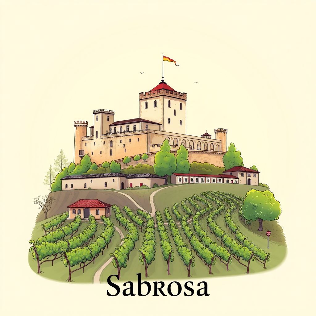 Ultra-high-definition gradient illustration style Sabrosa illustration, showing the unique charm of the Quinta do Bomfim, the Sabrosa Castle, and the local vineyards.