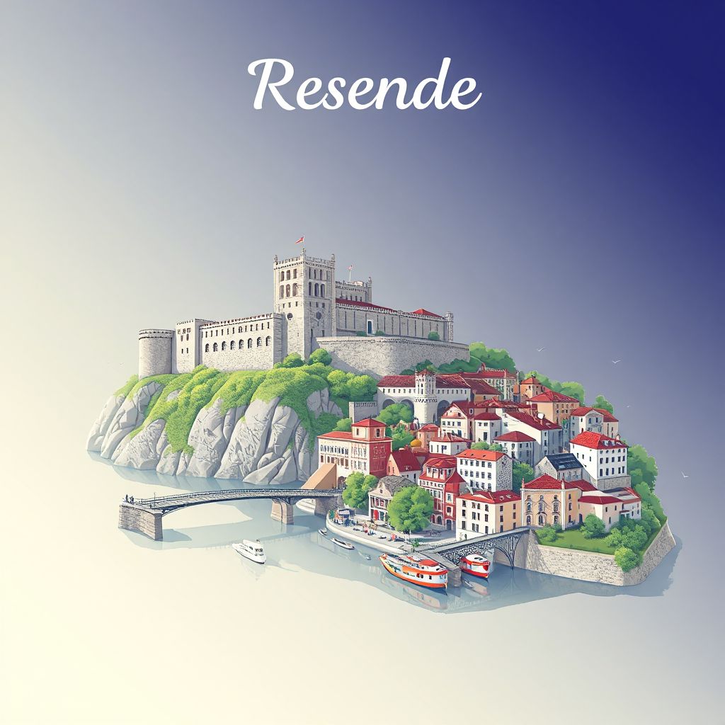Ultra-high-definition gradient illustration style Resende illustration, showing the unique charm of the Resende Castle, the River Douro, and the historic center of Resende.