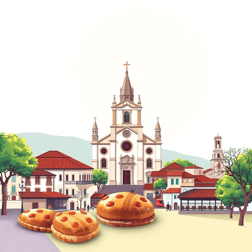 Ultra-high-definition gradient illustration style Santa Comba Dao illustration, showing the unique charm of the Church of Santa Comba Dao and the historic center.