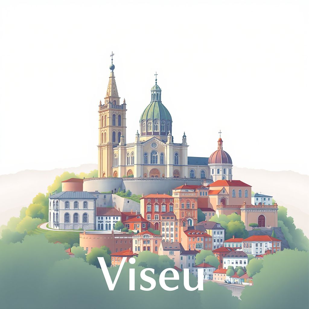 Ultra-high-definition gradient illustration style Viseu illustration, showing the unique charm of the Cathedral of Viseu, the Grão Vasco Museum, and the historic center of Viseu.