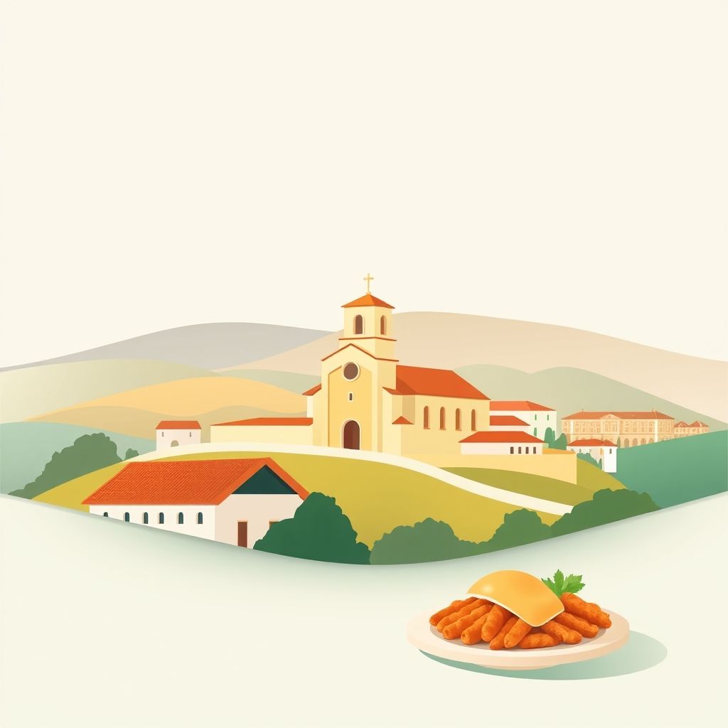 Gradient illustration of Loureiro, Portugal, featuring Loureiro Church, hills, and Tripas à Moda do Porto.
