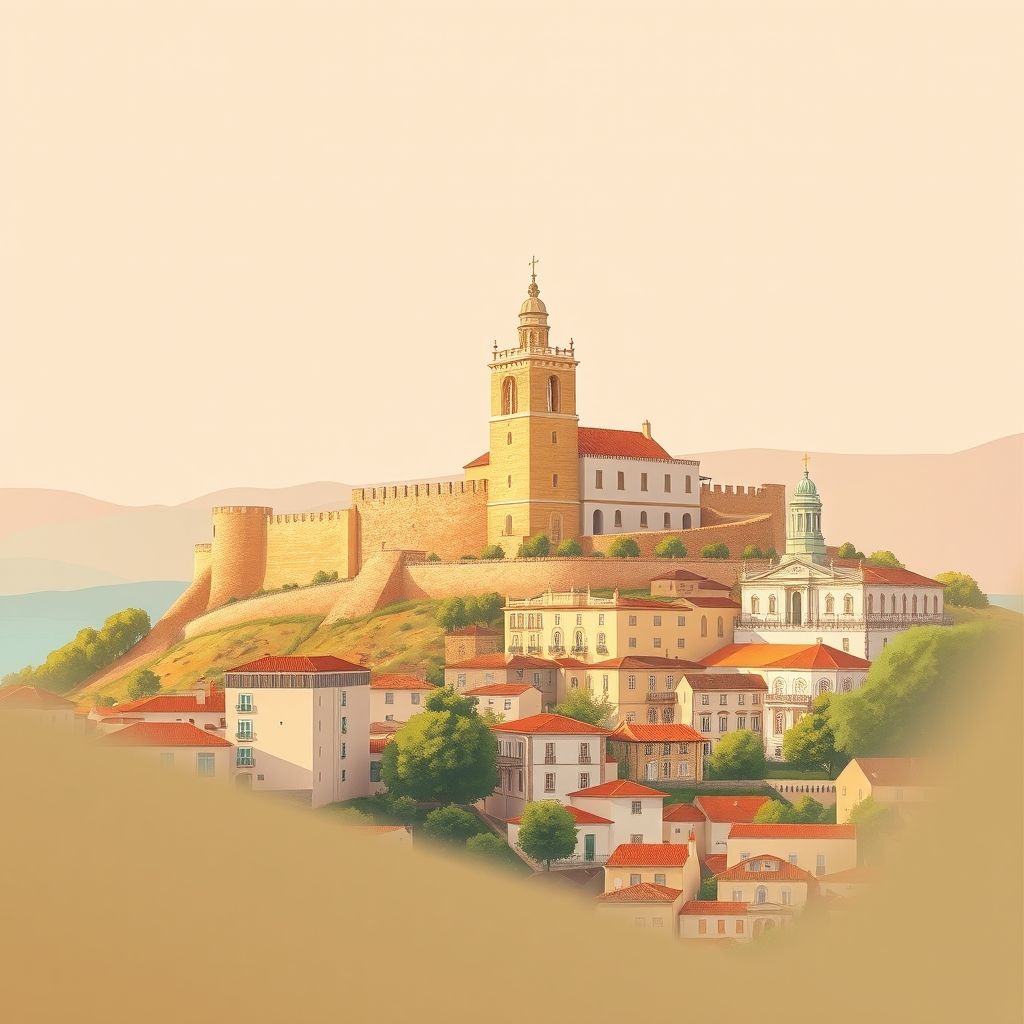 Ultra-high-definition gradient illustration of São Luís, Odemira, Beja, Portugal, featuring the Castle of Beja, the historic center of Odemira, and Migas à Alentejana.