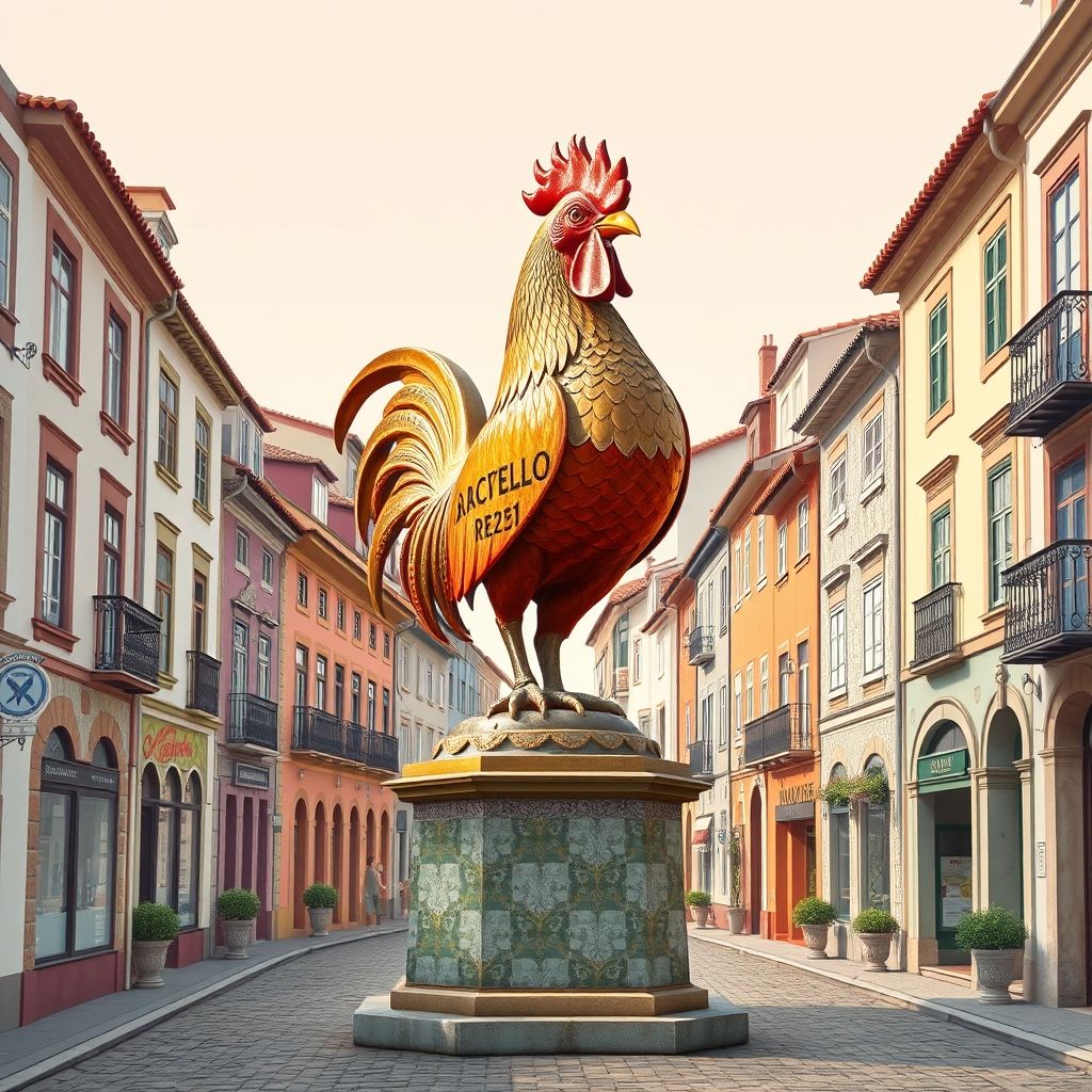 Ultra-high-definition gradient illustration of Arcozelo, Barcelos, Braga, Portugal, featuring the Barcelos Rooster statue, historic center, azulejos tiles, and roast chicken.