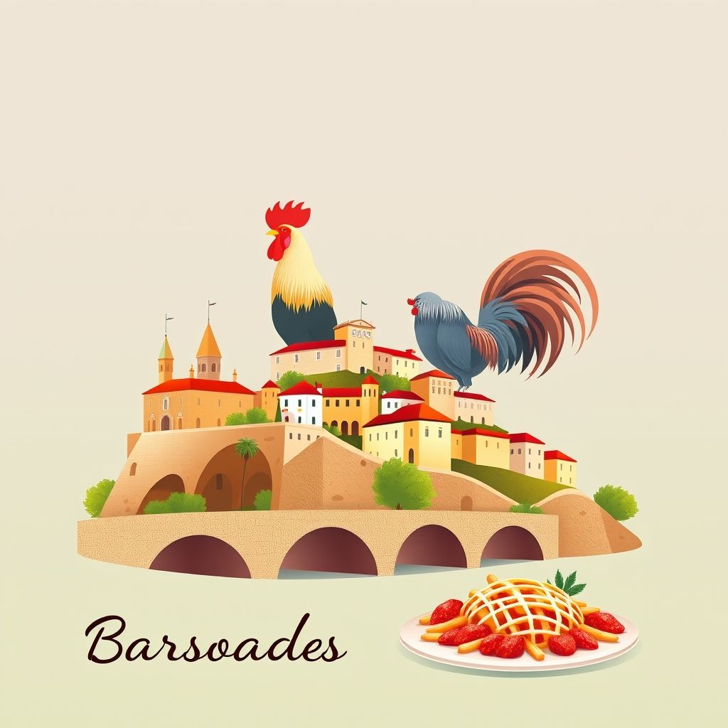 Ultra-high-definition gradient illustration of Cossourado, Barcelos, Braga, Portugal, featuring the Barcelos Rooster, Barcelos Bridge, and Rojões à moda do Minho.