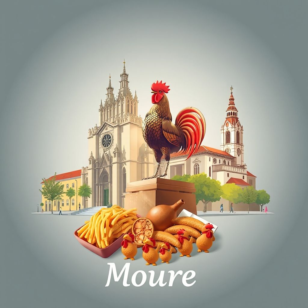 Ultra-high-definition gradient illustration of Moure, Barcelos, Braga, Portugal, featuring the Barcelos Rooster statue, Barcelos Cathedral, and Barcelos Rooster figurines.