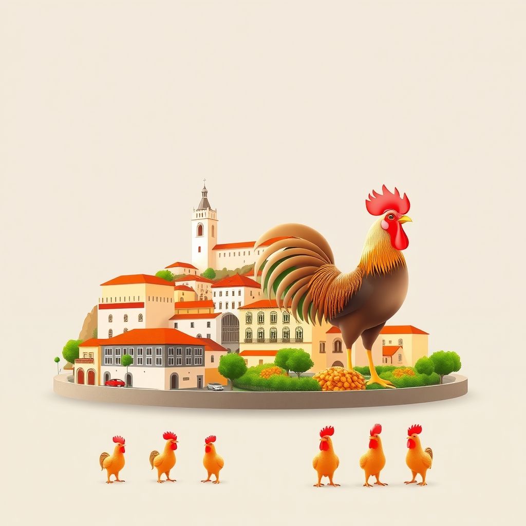 Ultra-high-definition gradient illustration of Perelhal, Barcelos, Braga, Portugal, featuring the Barcelos Rooster, historic center, and Barcelos Rooster figurines.
