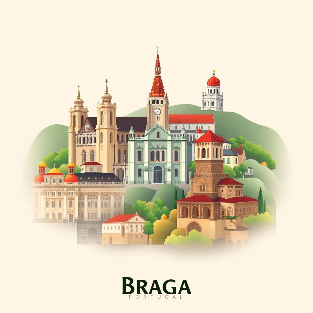 Ultra-high-definition gradient illustration of Braga, Portugal, featuring the Braga Cathedral, Bom Jesus do Monte sanctuary, and Francesinha.