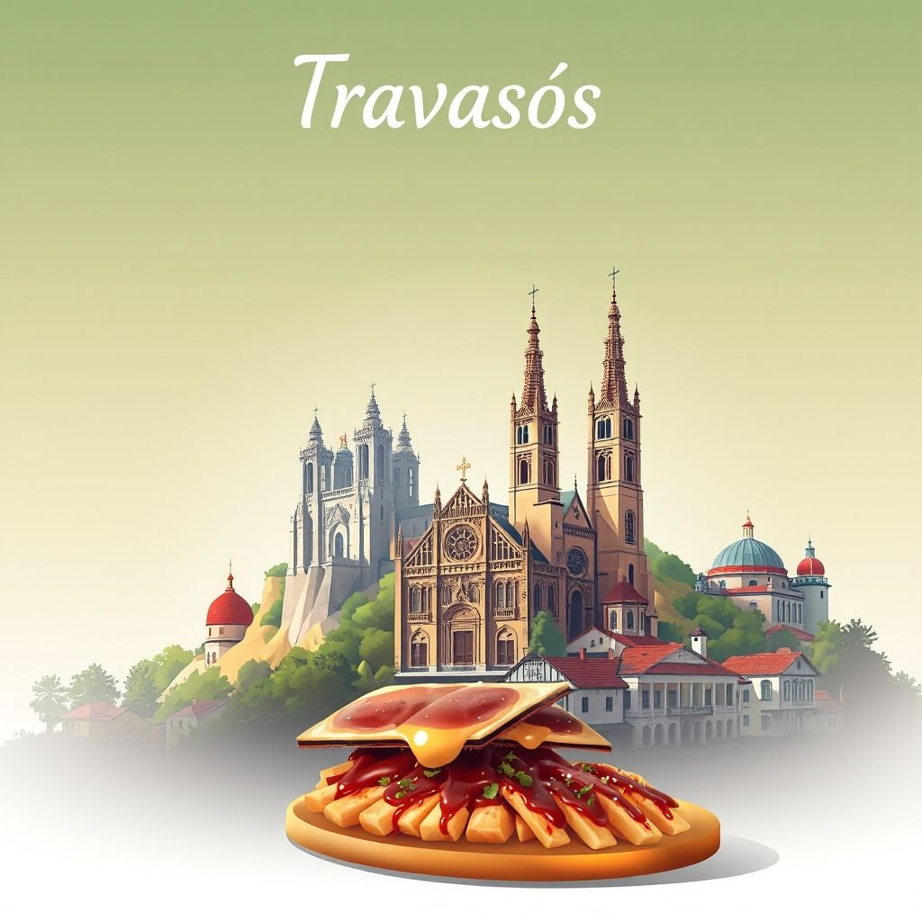 Ultra-high-definition gradient illustration of Travassós, Fafe, Braga, Portugal, featuring Bom Jesus do Monte, Braga Cathedral, and Francesinha.
